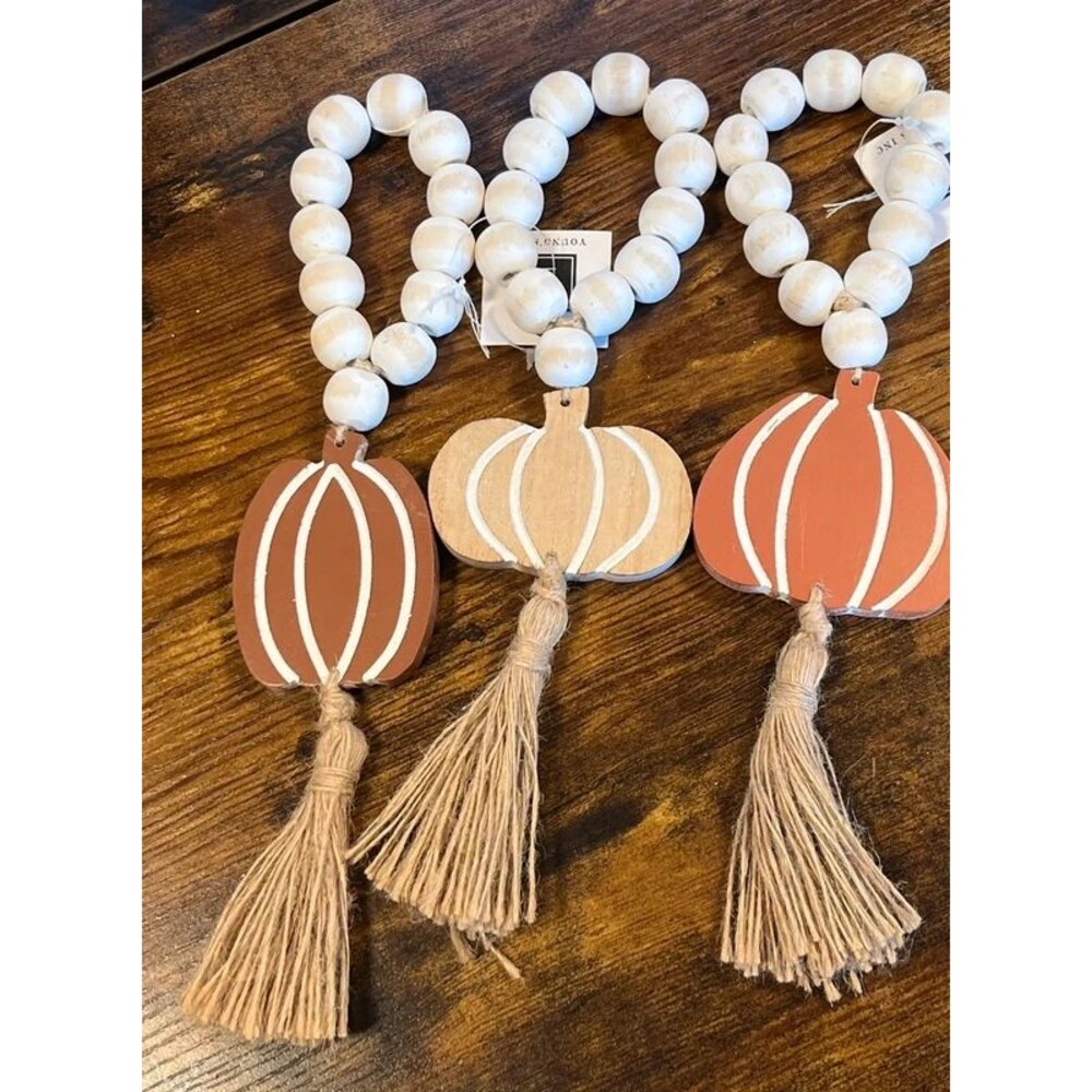 Set of 3 Wooden Pumpkin Bead Hangers – Fall Decor